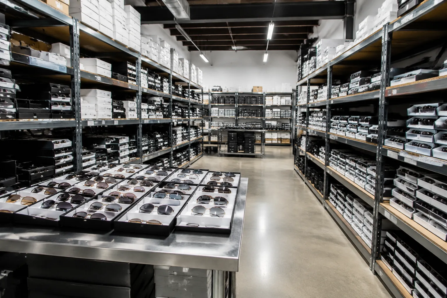 LumiShades warehouse with stocked materials and finished custom sunglasses ready for export