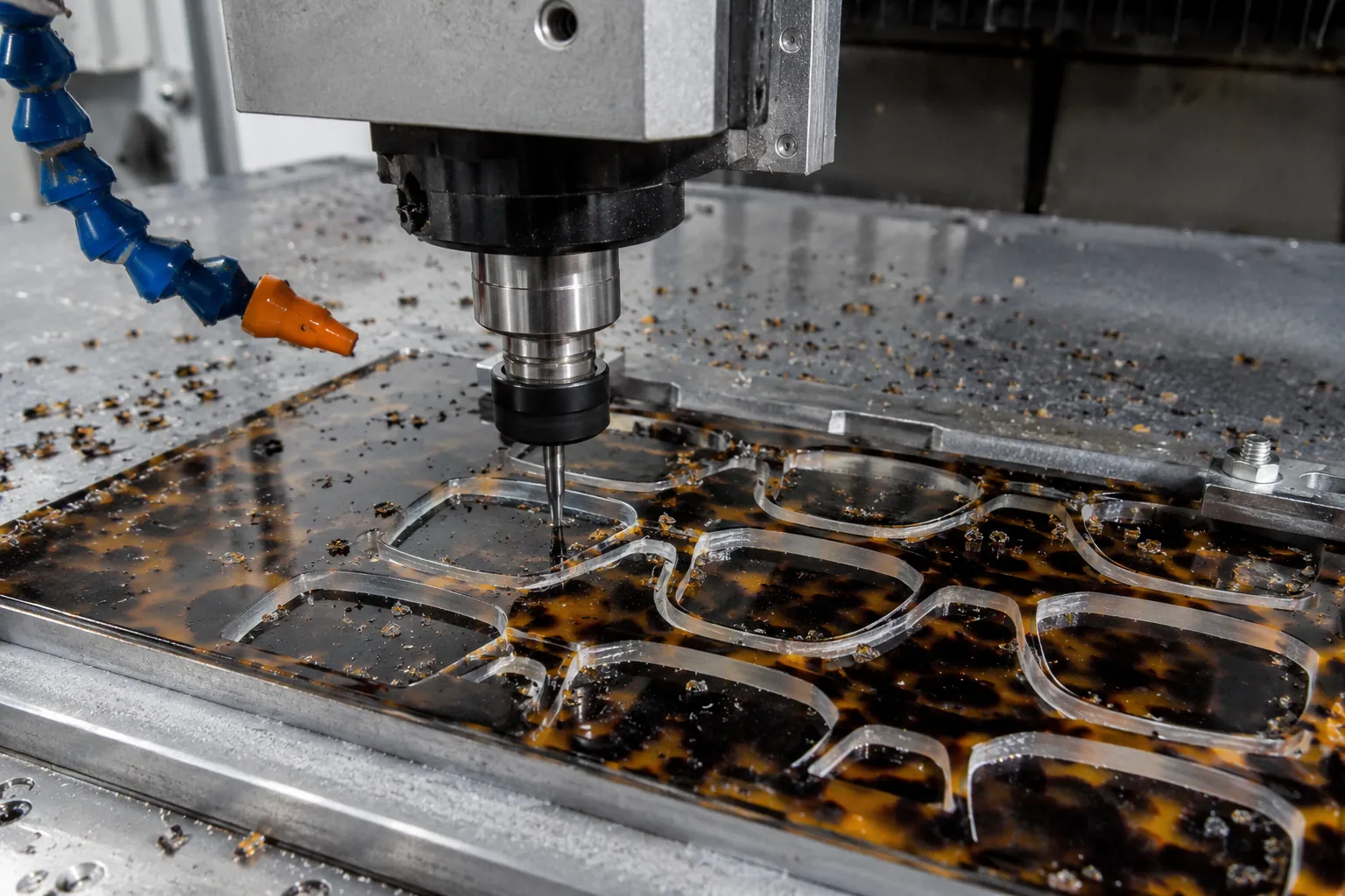 CNC machine cutting acetate sheet into sunglasses frame fronts