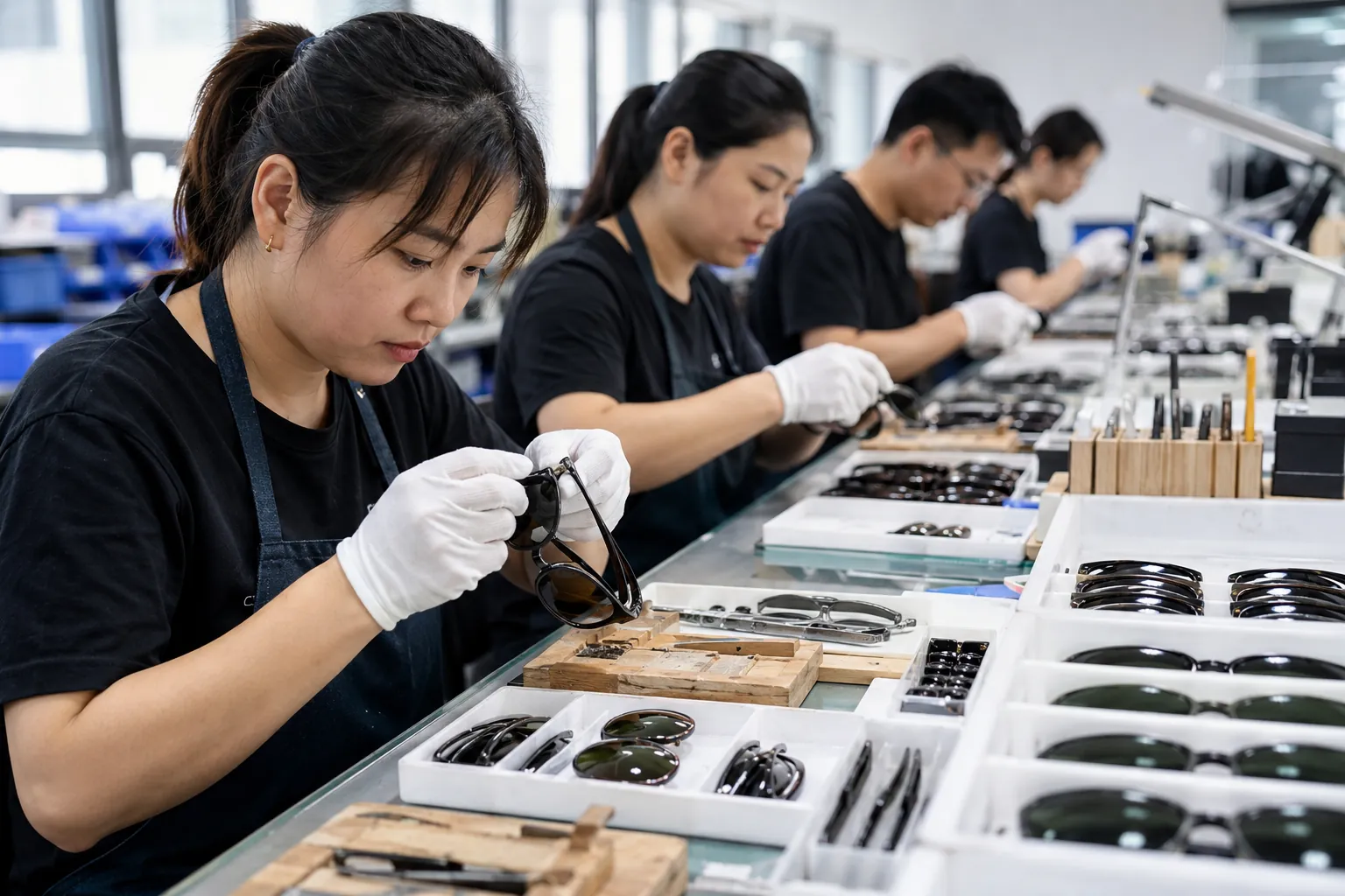 Workers assembling sunglasses frames and lenses on production line