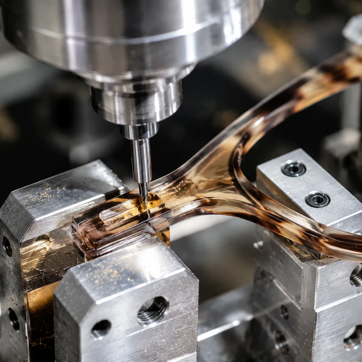 CNC milling of metal sunglasses frame components