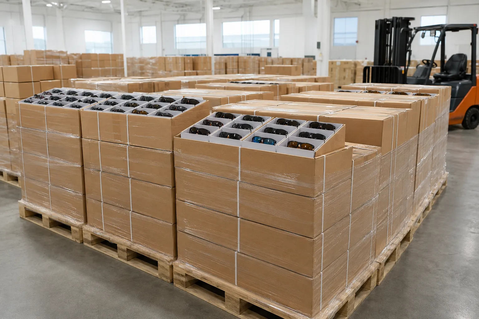 Pallets of wholesale sunglasses cartons ready for export