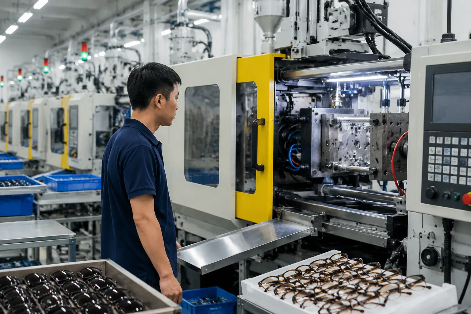 Injection molding machine producing TR90 sunglasses frames