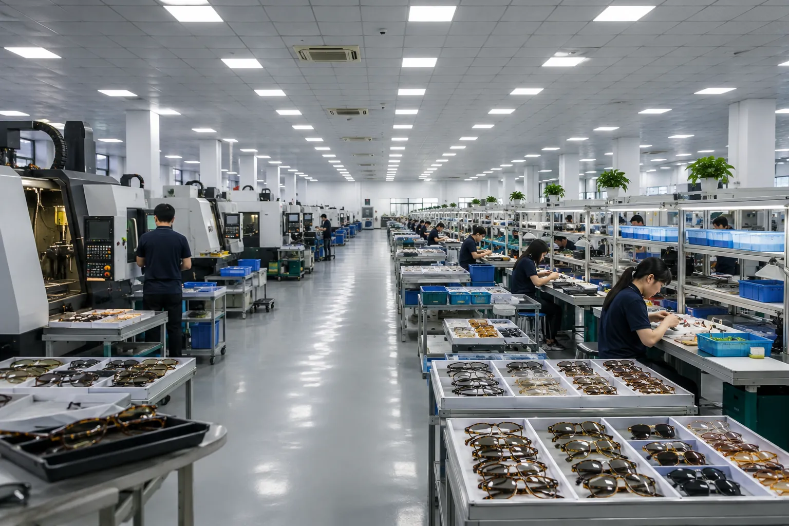 LumiShades eyewear manufacturing facility — vertically-integrated custom sunglasses factory in Wenzhou, Zhejiang