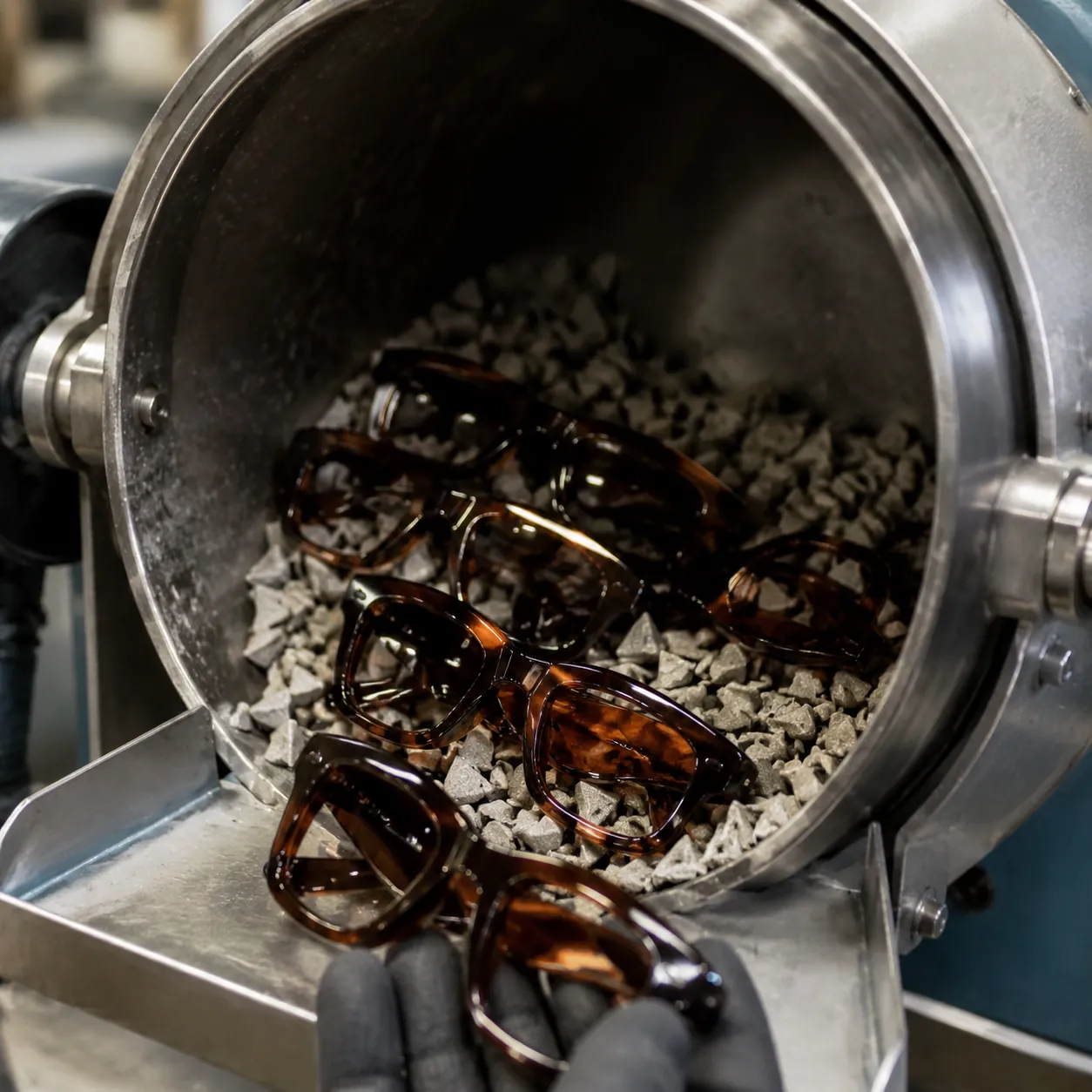 Barrel polishing tumbler giving acetate sunglasses frames a high-gloss finish