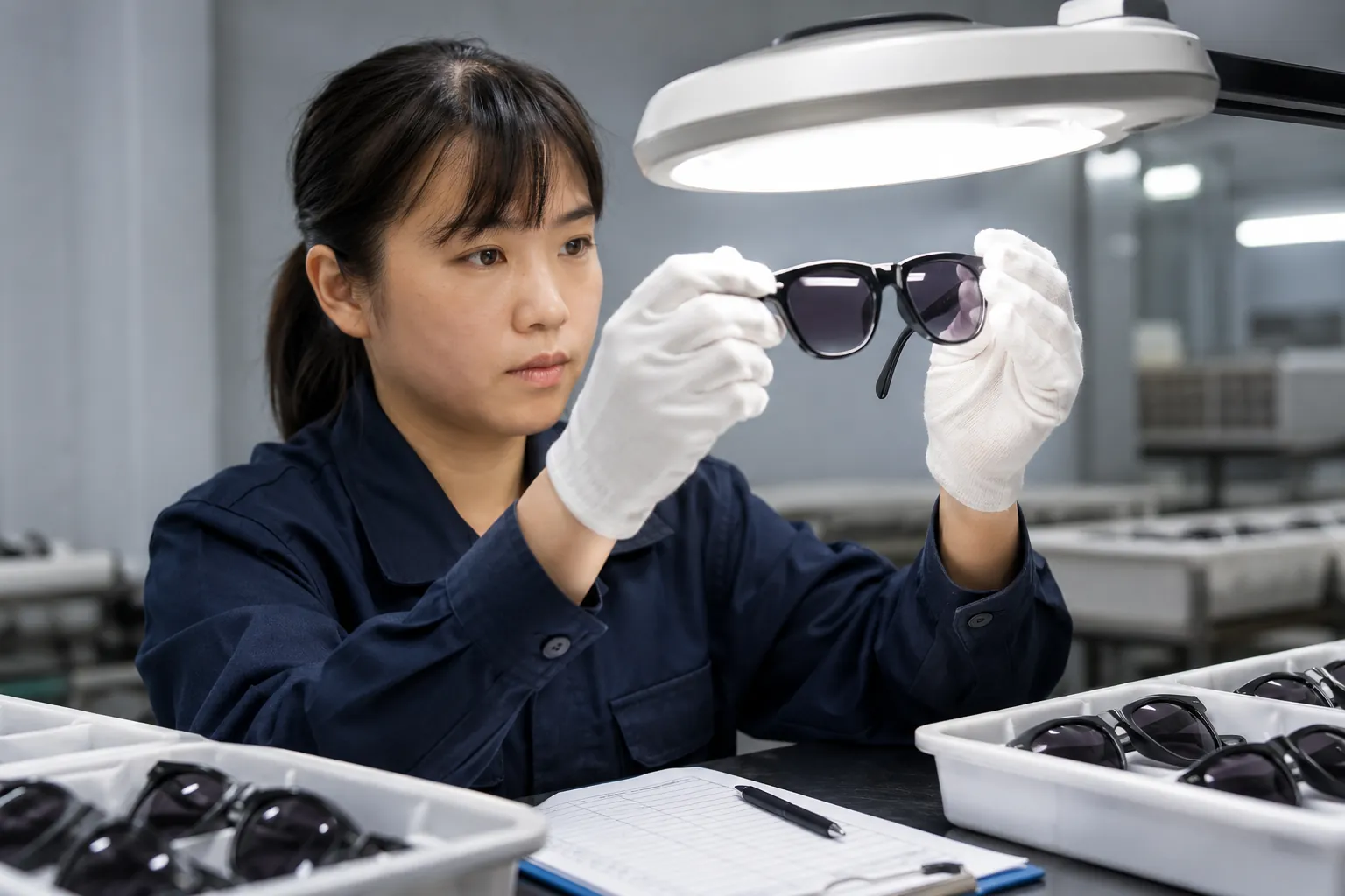 Independent QC inspector performing AQL final random inspection on finished custom sunglasses