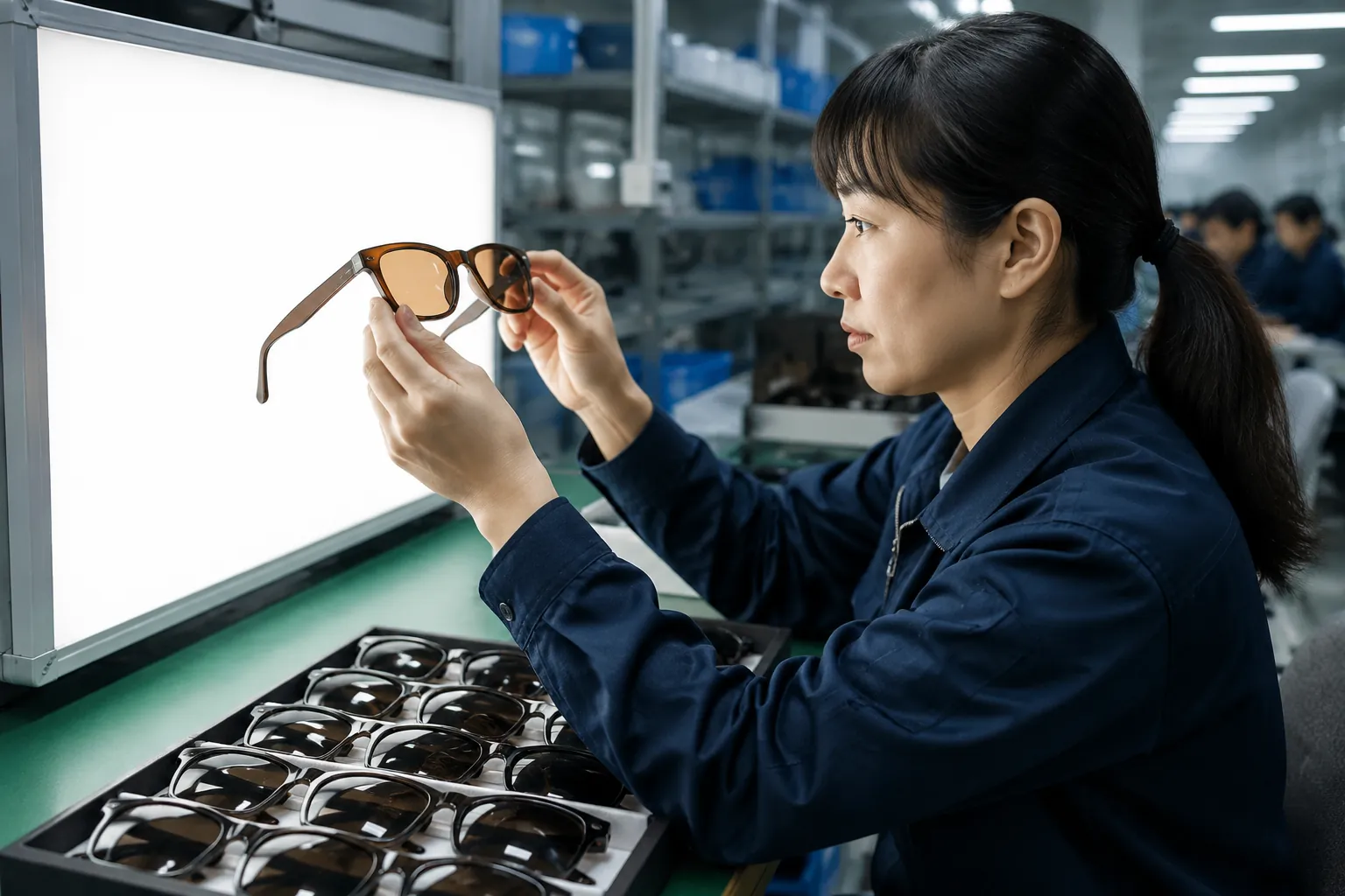 Branding and quality inspection of finished custom sunglasses at LumiShades