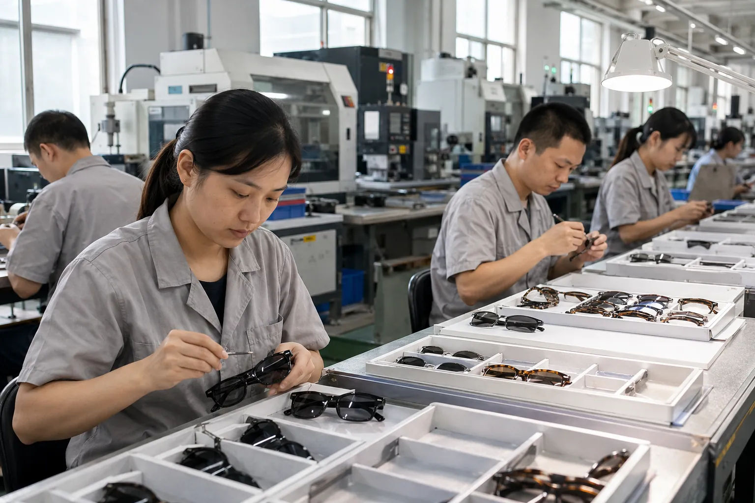 LumiShades vertically integrated sunglasses factory floor in Wenzhou, Zhejiang