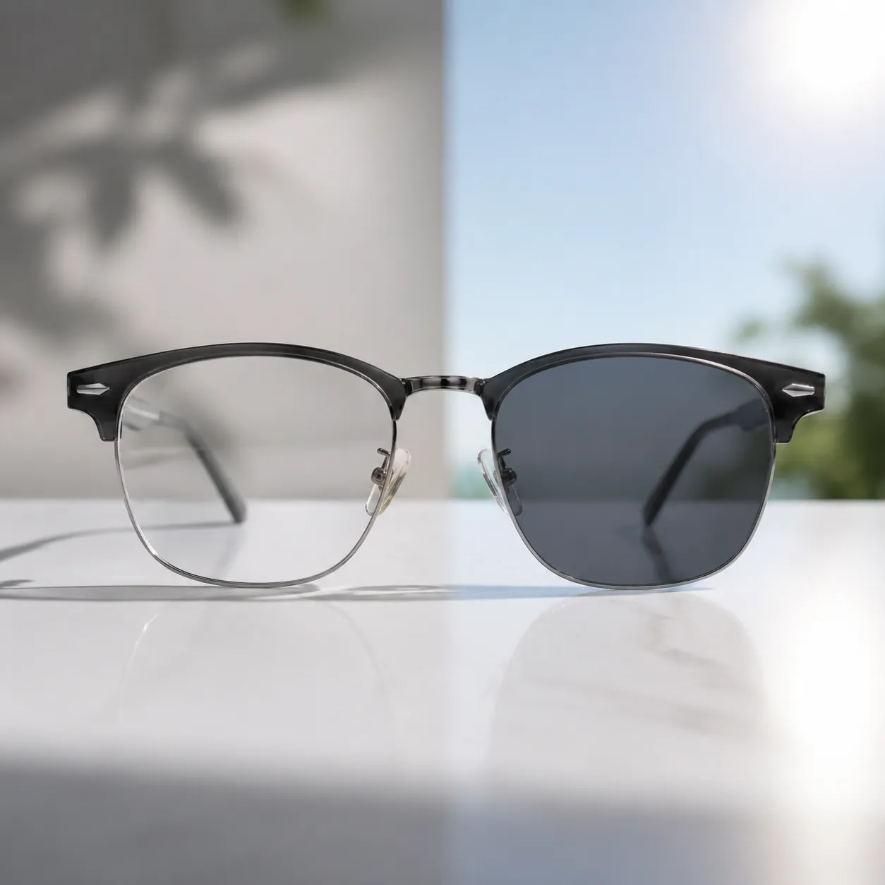Photochromic sunglasses lens darkening in sunlight and clearing indoors