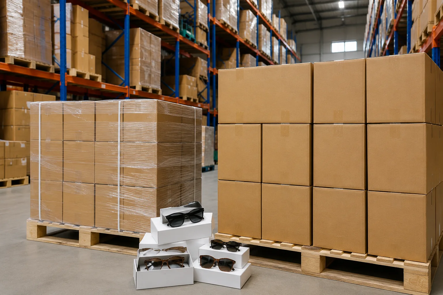 Finished sunglasses packed in trays beside plain export cartons