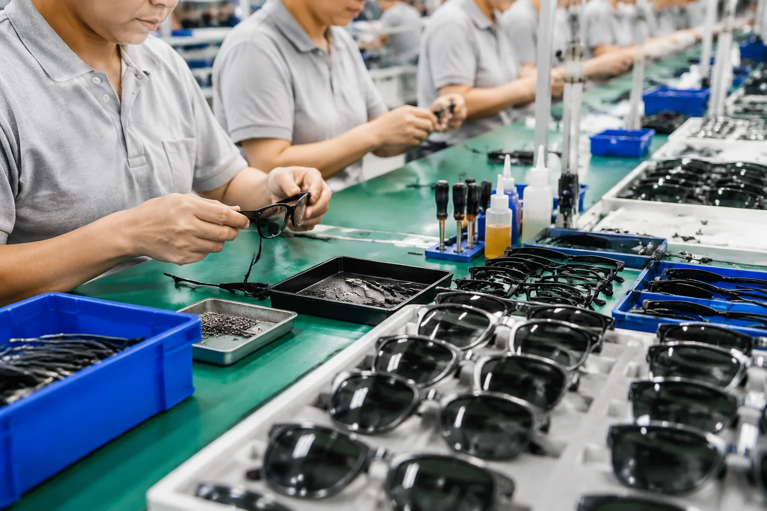 Eyewear assembly line with sunglasses production workstations