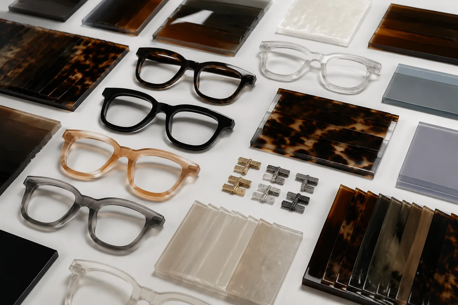 Acetate frame material swatches and sunglasses color samples