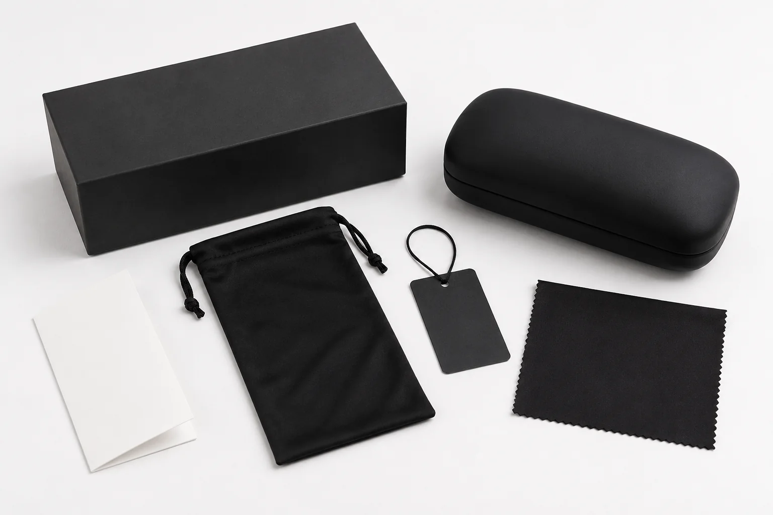 Unbranded sunglasses cases, pouch, cloth and retail box packaging set