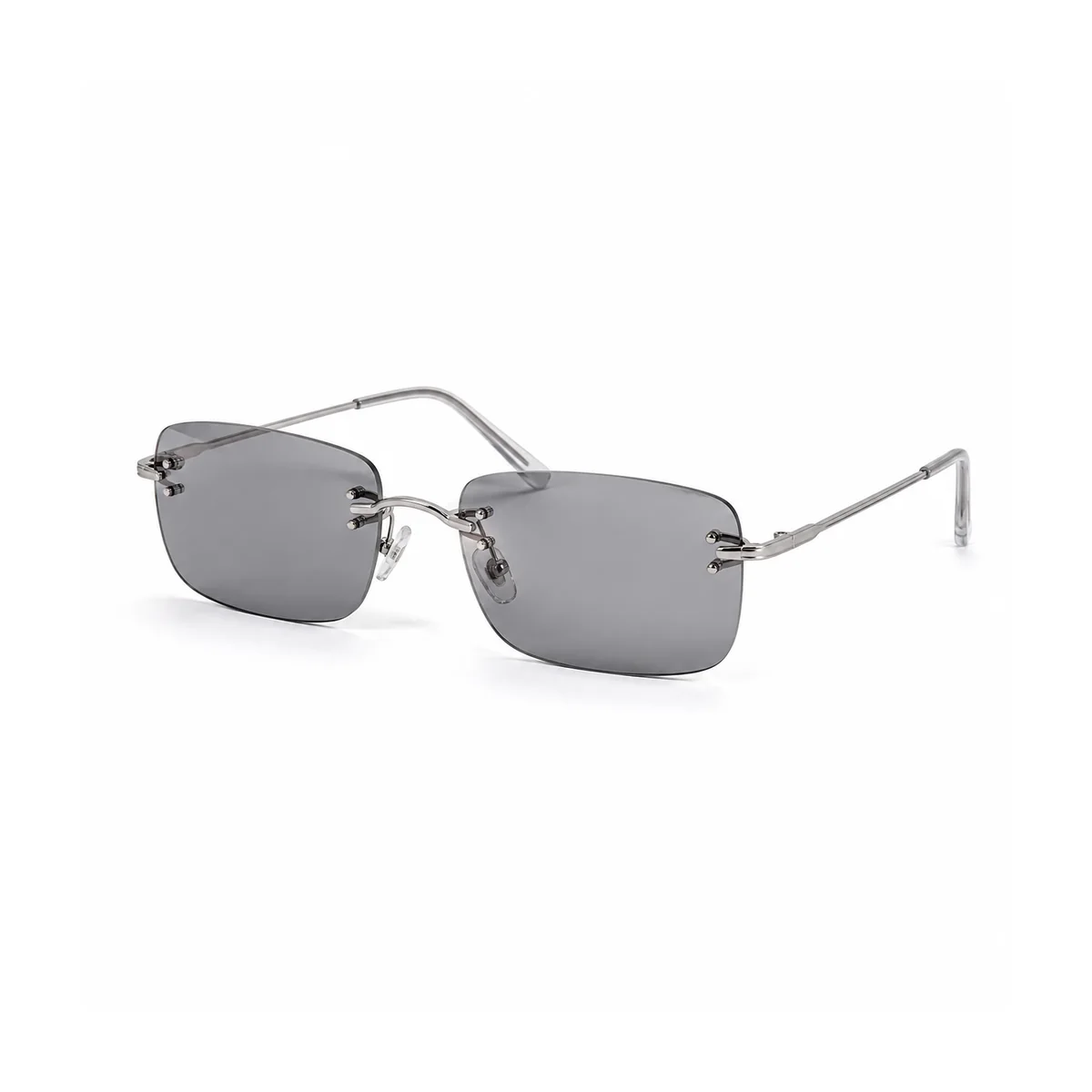 Rimless sunglasses bridge and smoke lens detail product photo
