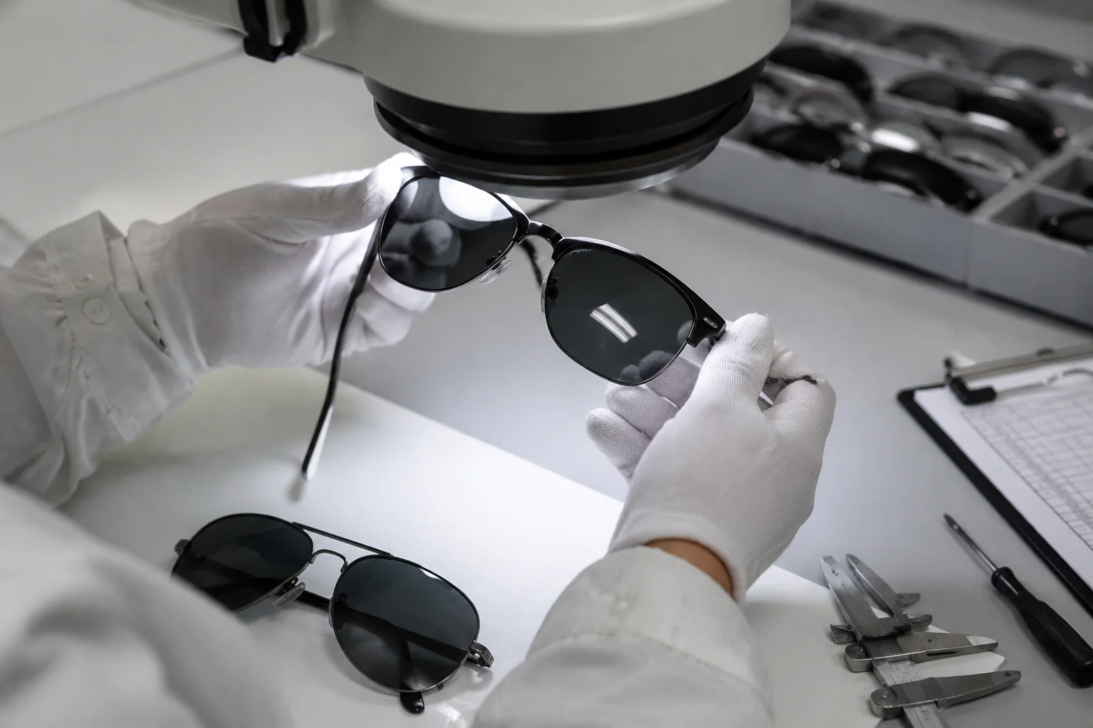 Sunglasses lens inspection setup with finished frames and lens samples