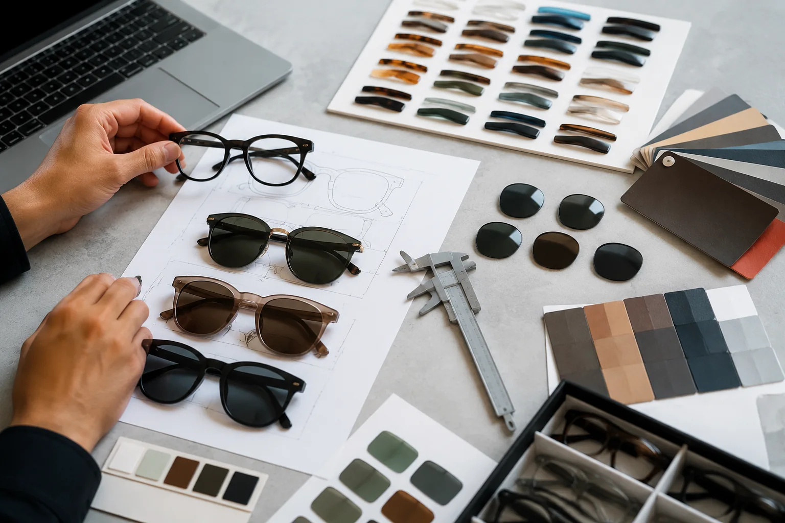 Sunglasses RFQ desk with samples, lens options and blank specification sheets