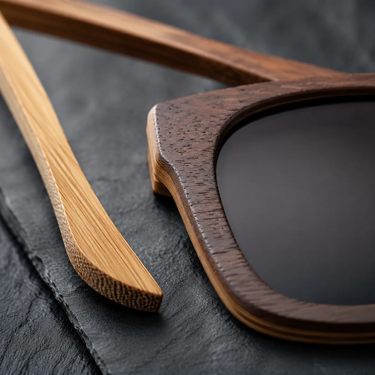 Wood and bamboo sunglasses frame material with natural grain finish