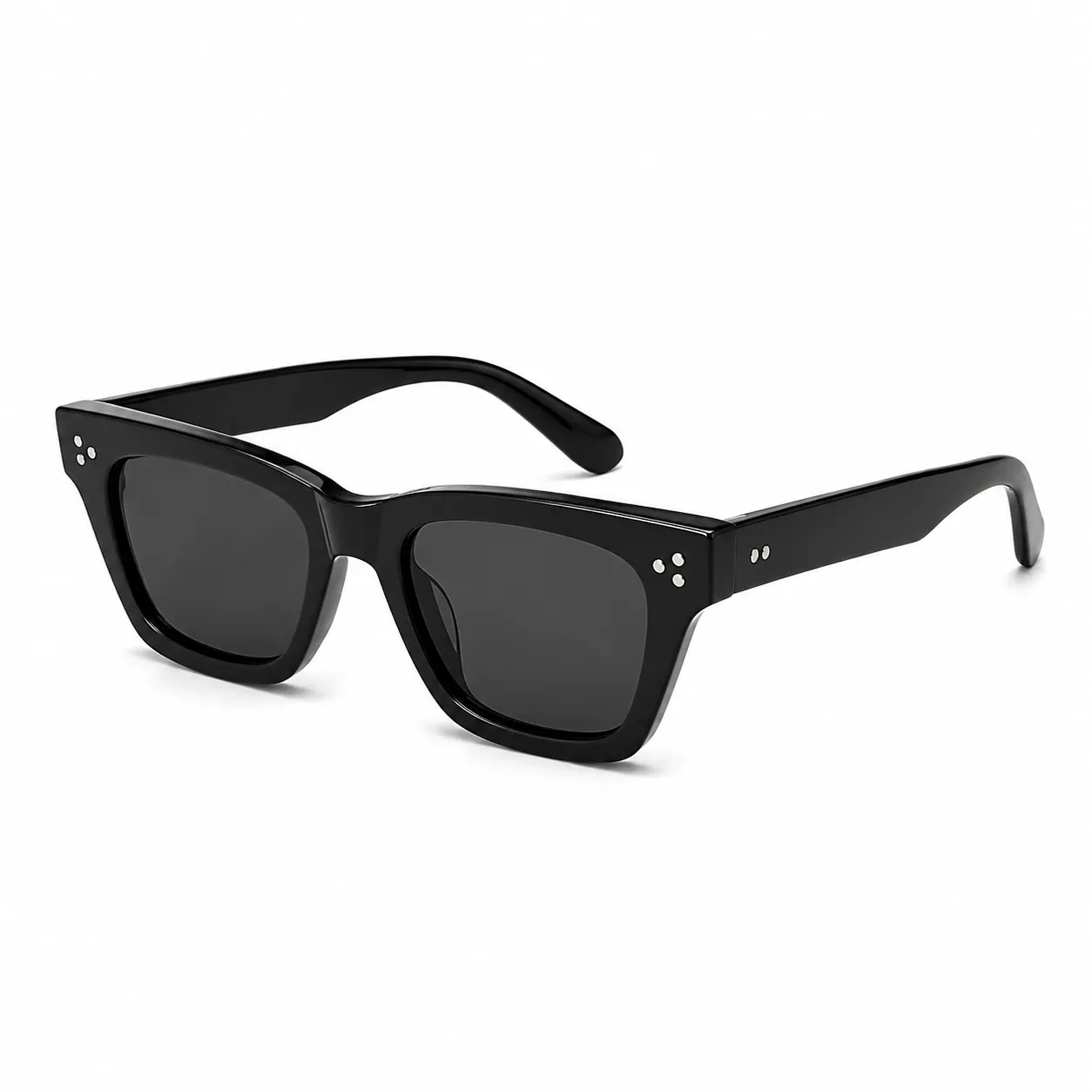Custom wayfarer sunglasses with thick acetate frame and polarized lenses in classic black