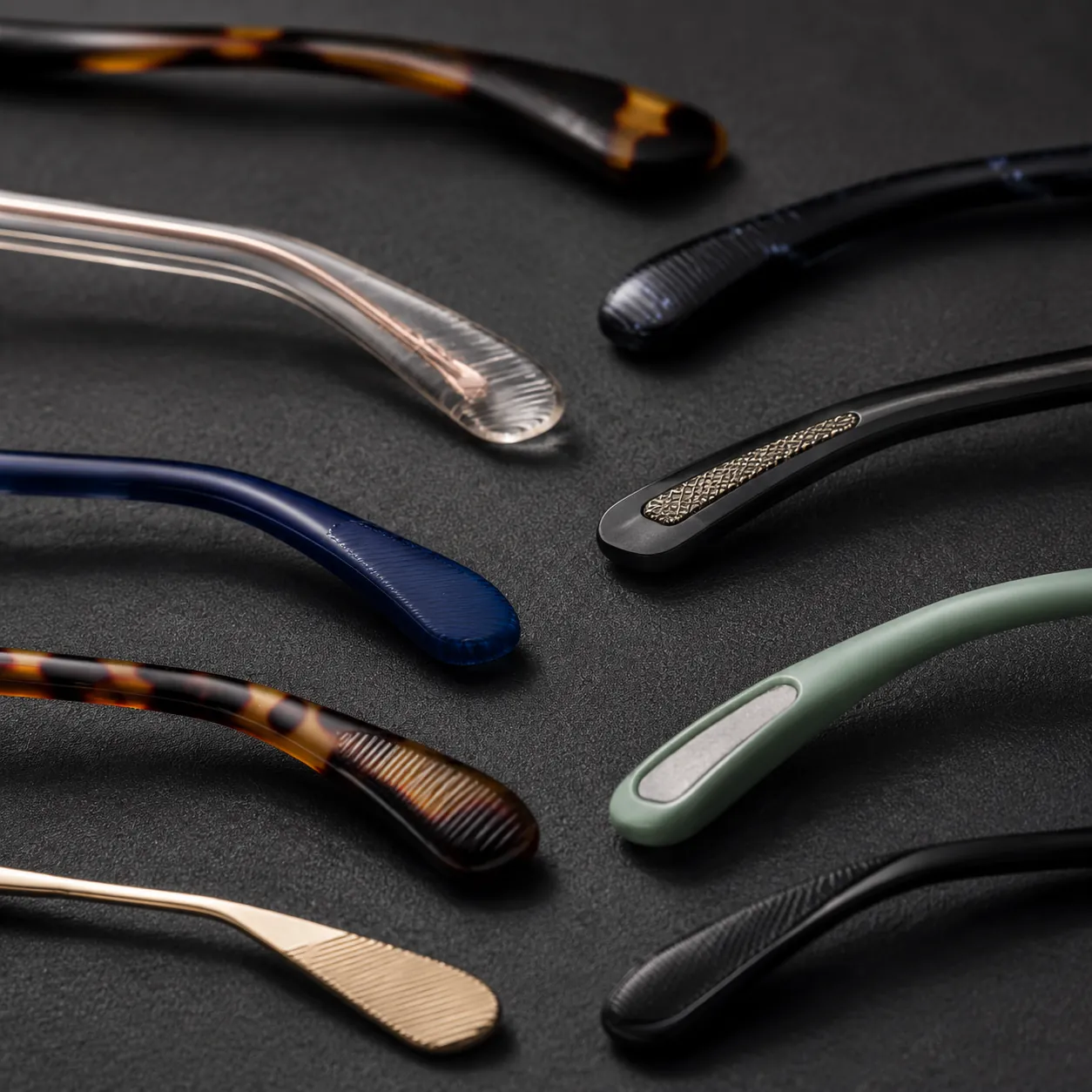 Custom sunglasses temples and temple tips in different colors
