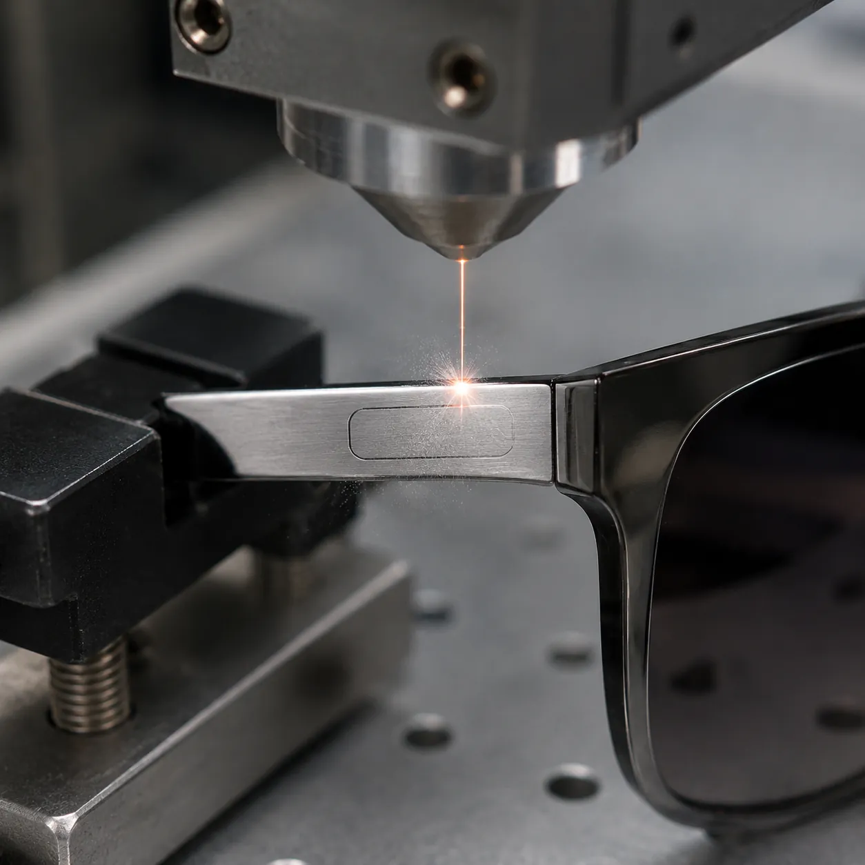 Laser engraving a logo onto a sunglasses temple